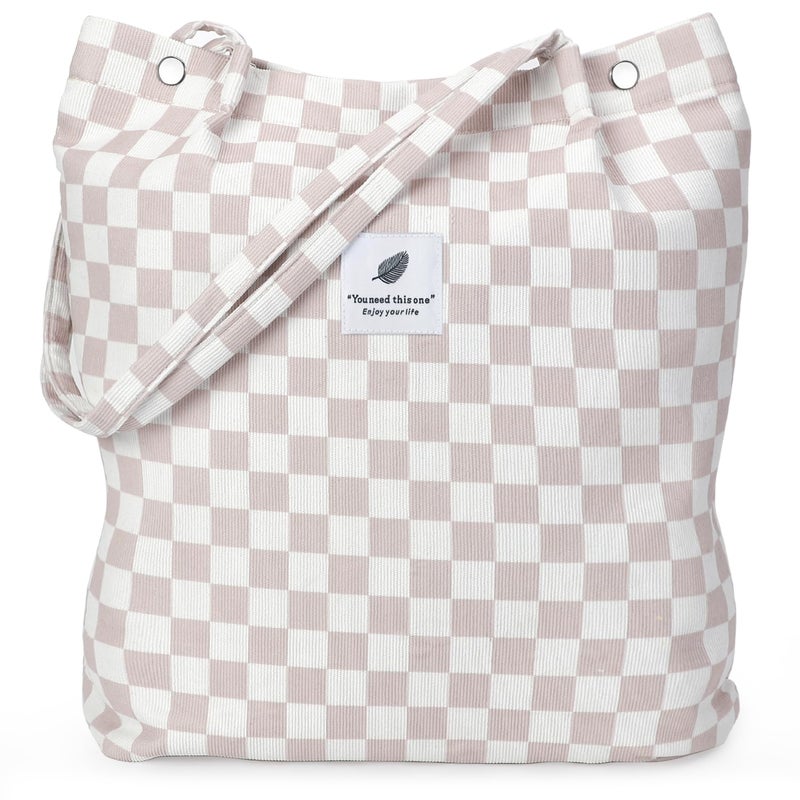 LHMTQVK Corduroy Tote Bags for Women  Large Capacity Corduroy Bag Reusable Grocery Shoulder Bag with Inner Pockets(Beige checkerboard) - Image 1